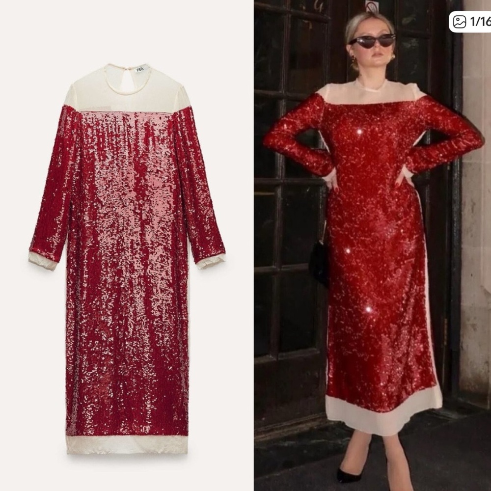 ZARA red sequin and chiffon midi dress size extra extra small